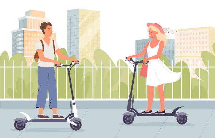 People riding electric scooter in city  Illustration