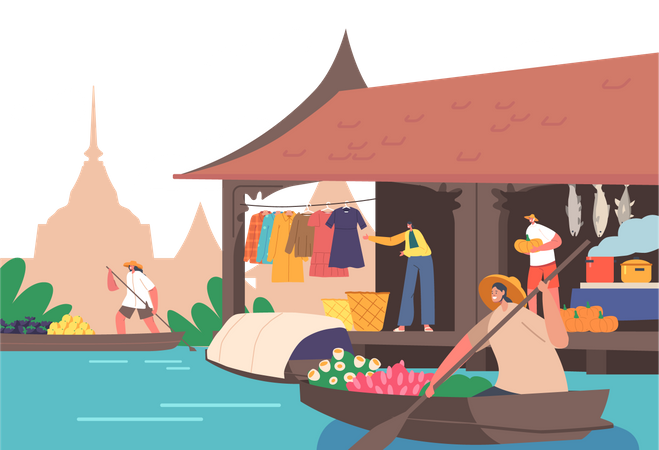 People Sell and Buy Goods on Floating Market in Thailand  イラスト