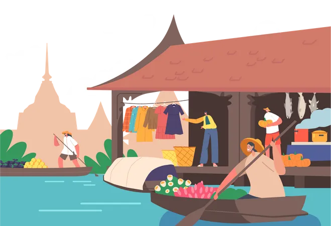 People Sell and Buy Goods on Floating Market in Thailand  イラスト