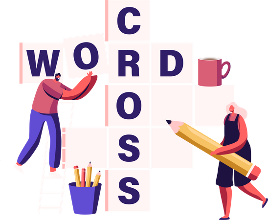 People solving crossword riddle in spare time  Illustration