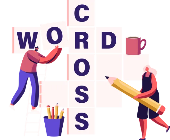 People solving crossword riddle in spare time  Illustration