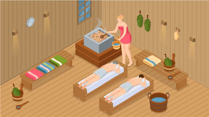 People steaming in sauna  Illustration