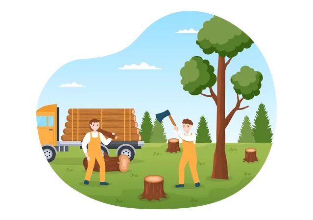 People Tree Cutting and Timber with Truck  Illustration