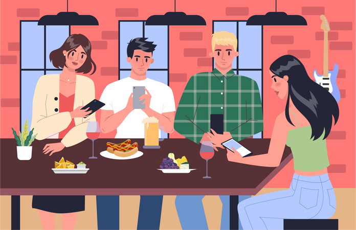 People using smartphone while having dinner at a restaurant  Illustration