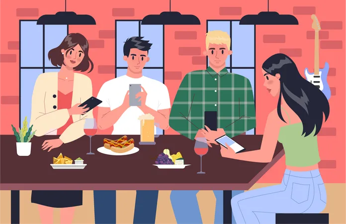 People using smartphone while having dinner at a restaurant  Illustration