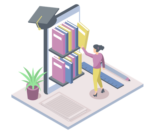 People using virtual library for graduation study  Illustration