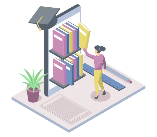 People using virtual library for graduation study  Illustration