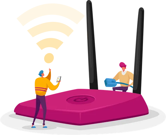 People using wireless router  Illustration