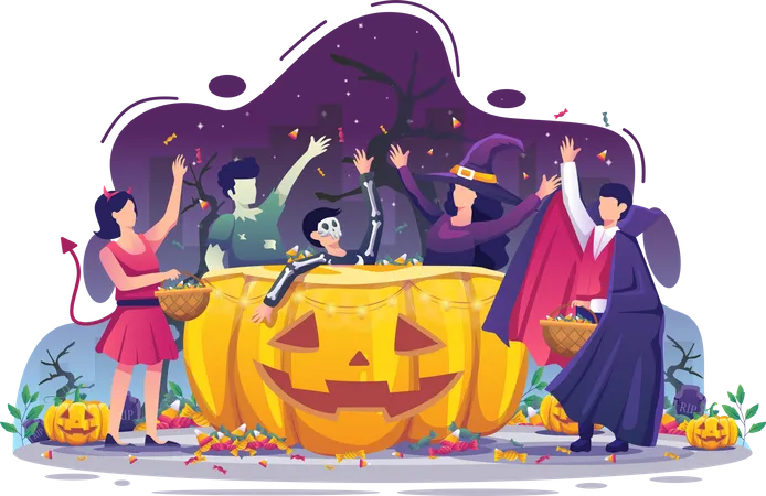 People wearing Halloween costumes are collecting candy on Halloween night  イラスト