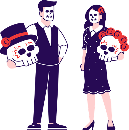 People wearing sugar skull face makeup and costumes  Illustration