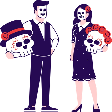 People wearing sugar skull face makeup and costumes  Illustration