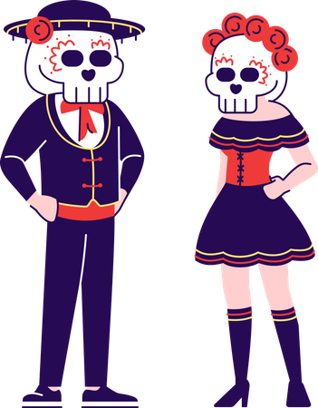 People wearing traditional Dia de los Muertos celebration costumes  Illustration