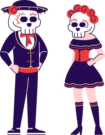 People wearing traditional Dia de los Muertos celebration costumes  Illustration