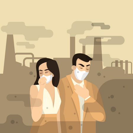 People with face mask suffering Air Pollution  イラスト