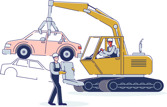 People Work On Junkyard and man Operating Industrial Lifting Machine  Illustration