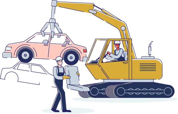 People Work On Junkyard and man Operating Industrial Lifting Machine  Illustration