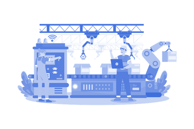 People Working In Robotic Production Line  Illustration