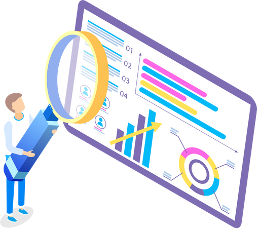 Person Holds Giant Loupe Near Tablet Business Presentation  Illustration