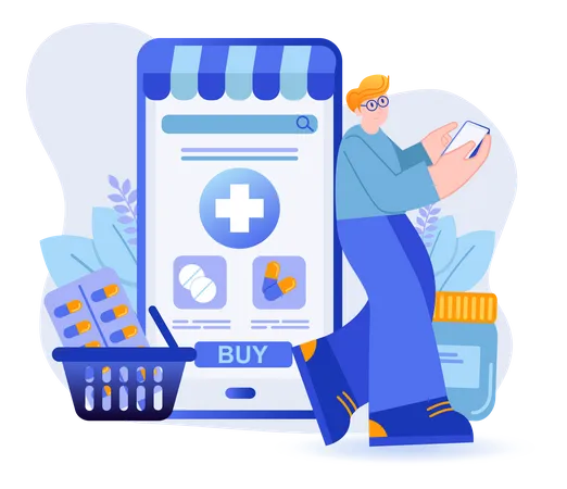 Person Purchasing Medicine From Online Application  일러스트레이션