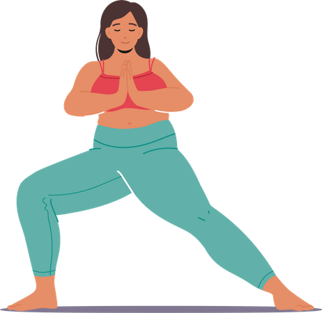 Personaje de mujer de talla grande, tranquilo y relajado, practicando yoga con gracia  Ilustración