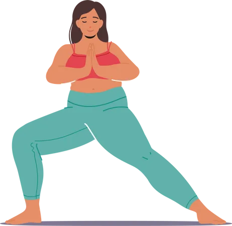 Personaje de mujer de talla grande, tranquilo y relajado, practicando yoga con gracia  Ilustración