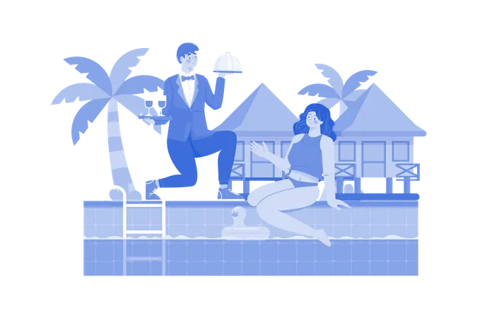 Personal del resort de playa que sirve bebidas junto a la piscina  Ilustración