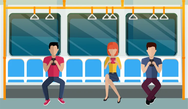 Personas que utilizan teléfonos inteligentes mientras viajan en metro  Ilustración