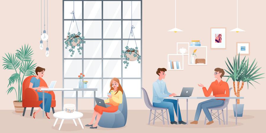 Personas que trabajan en espacio de coworking  Ilustración