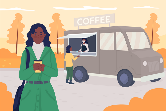 Pessoas comprando café no caminhão de café  Ilustração