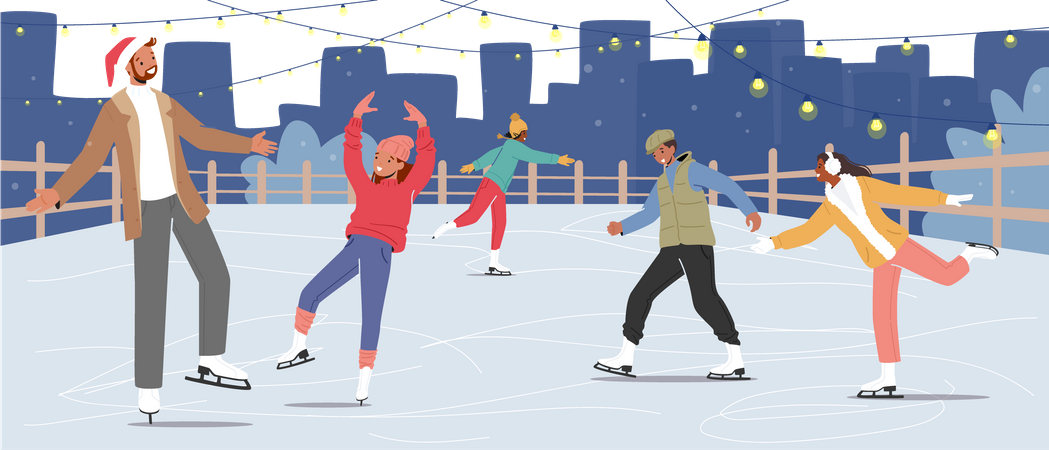 Pessoas curtindo patinação no gelo  Ilustração