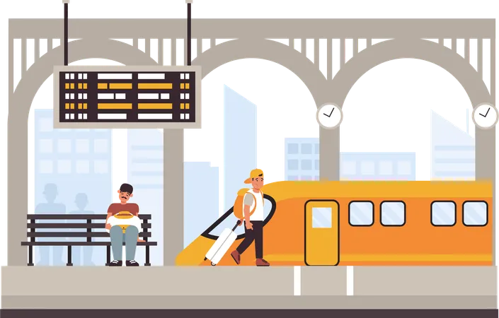 Pessoas na estação ferroviária pública  Ilustração