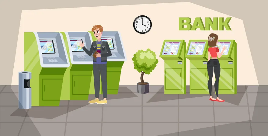 Pessoas usando caixa eletrônico do banco  Ilustração