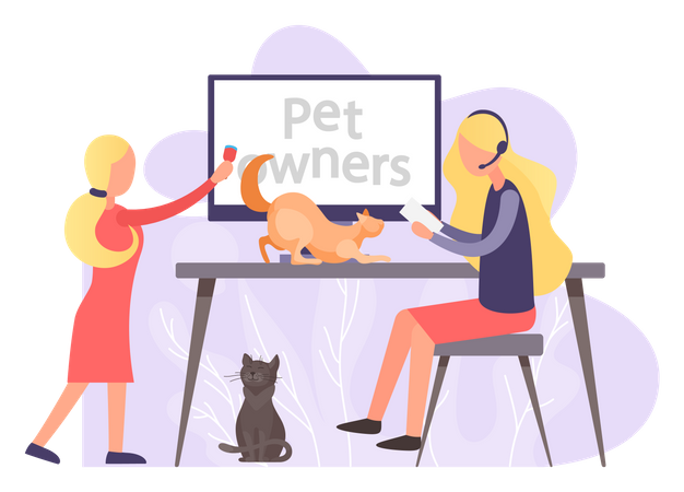 Pet owners watch tutorial about keeping animals at home  Illustration