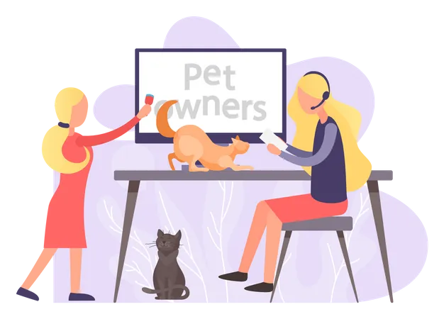 Pet owners watch tutorial about keeping animals at home  Illustration