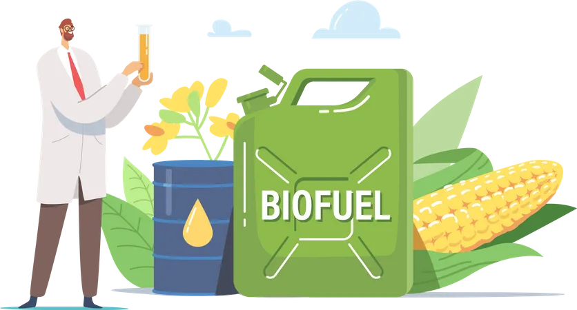 Petit chimiste scientifique tenant une fiole en verre avec de l'essence liquide Eco  Illustration