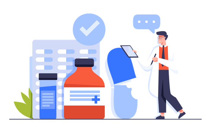 Pharmacist checking Medicaments in Pharmacy Store  Illustration