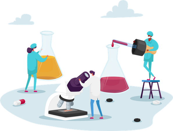 Pharmacist Stand at Huge Beakers with Liquid Medication and Microscope in Pharmacy  Illustration