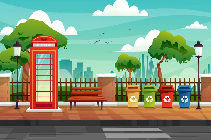 Phone booth and trash on side street  Illustration