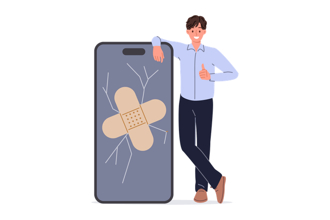 Phone showing man cracked display with medical plaster and showing thumbs up  Illustration