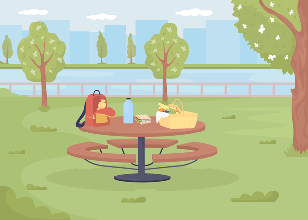 Picnic table with basket and backpack  Illustration