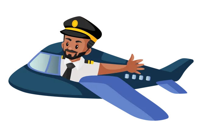 Pilot flying an airplane and waving a hand  Illustration