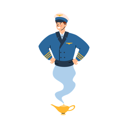 Pilot or airman looking like magic genie  Illustration