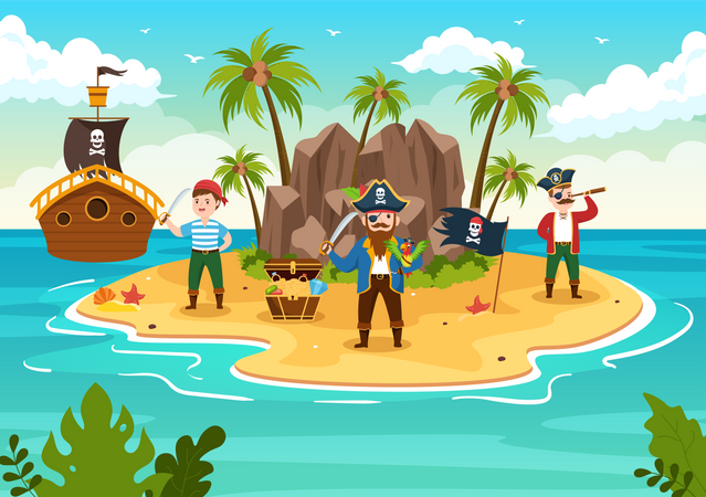 Pirata y ensalada boy en la isla  Ilustración