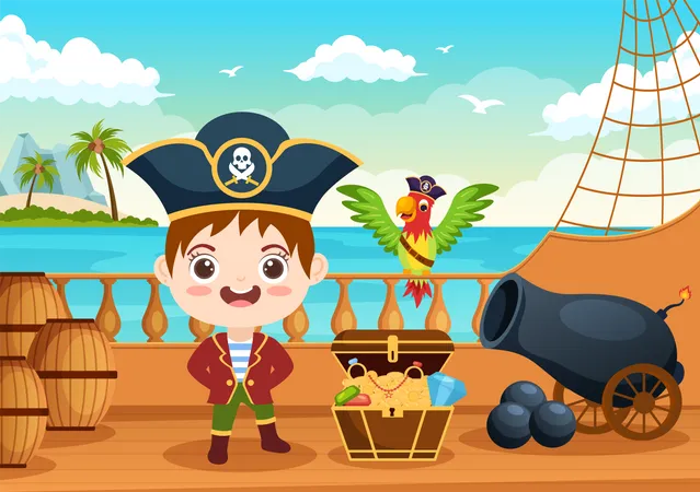 Pirates on Ship on Sea  Illustration