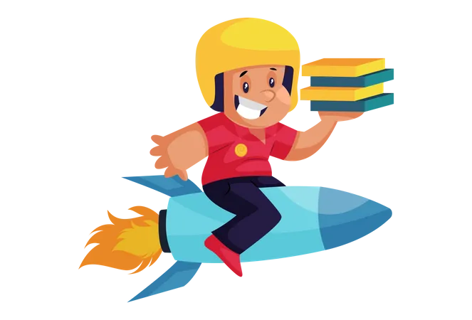 Pizza Delivery Man on rocket with pizza  Illustration