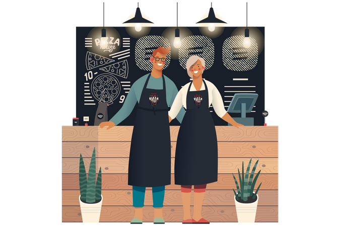 Pizza Shop owners Standing together  Illustration