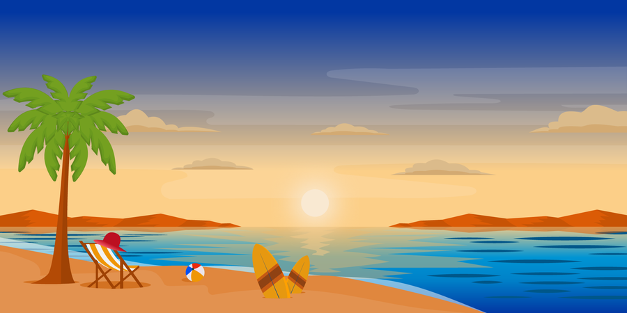 Puesta de sol en la playa  Ilustración