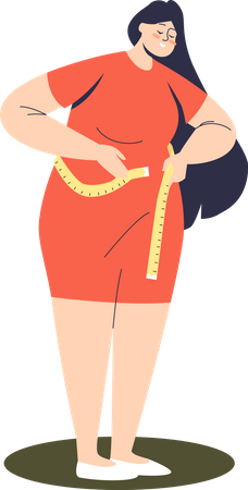 Plus size woman model measuring waist with measuring tape  イラスト