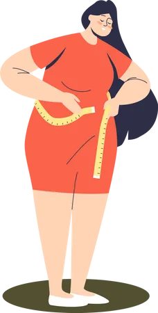 Plus size woman model measuring waist with measuring tape  イラスト