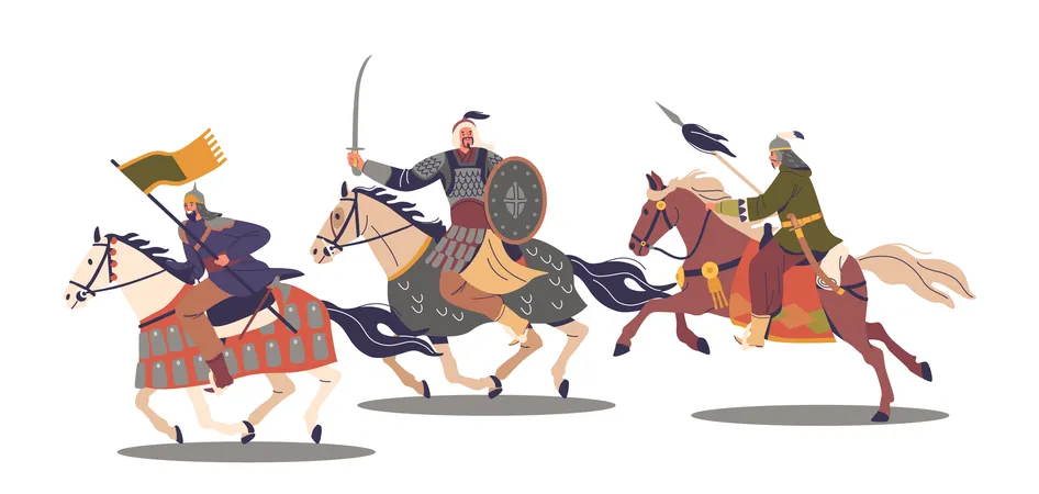 Poderosa carga de personagens guerreiros asiáticos mongóis blindados em cavalos  Ilustração